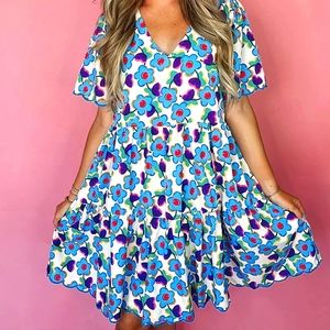 NEW Floral Print V-Neck Babydoll Dress in Blue Mix